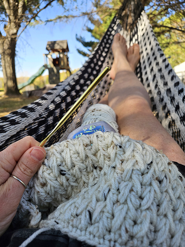 crocheting in a hammock - October 2024 Homesteading Update