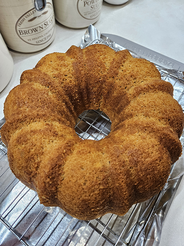 The apple cider doughnut cake out of the bundt pan