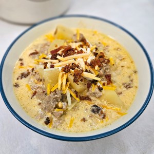 A bowl of shortcut bacon cheeseburger soup