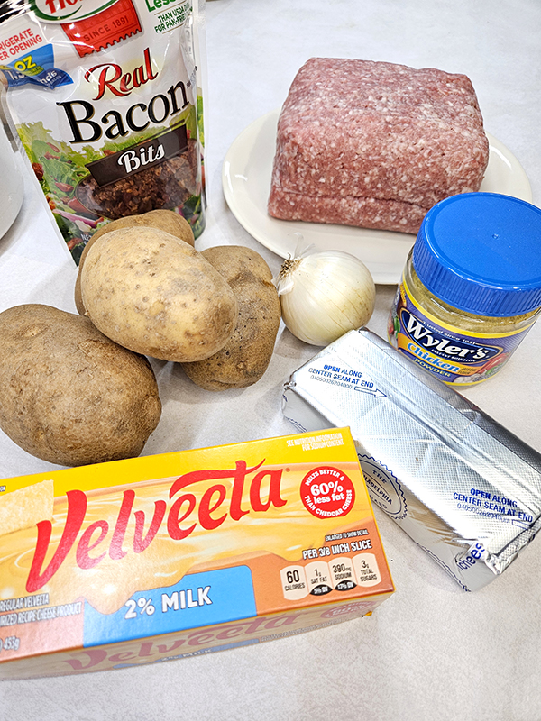 Ingredients for shortcut bacon cheeseburger soup