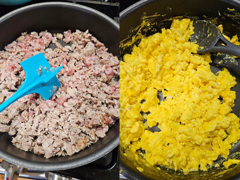 Left is ground sausage and right is scrambled eggs - ingredients for the bagel breakfast sliders 