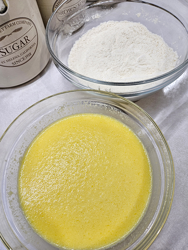 The wet and dry ingredients for the soft buttermilk waffles