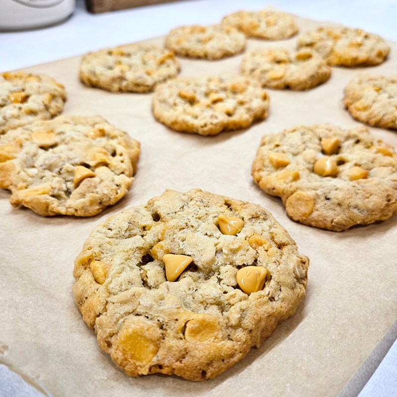 A baking sheet of butterscotch oatmeal cookies
