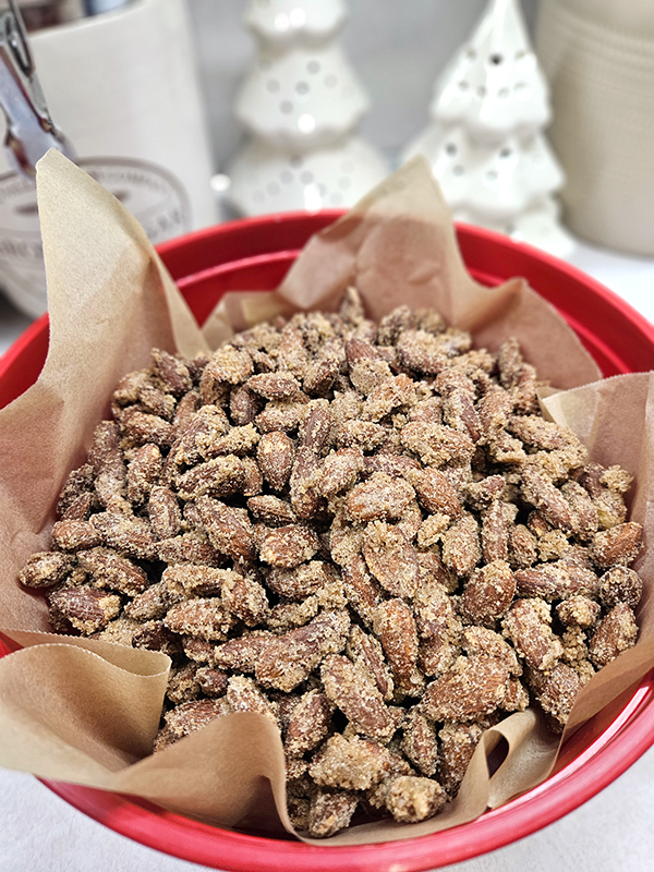 A bowl of Cinnamon Sugar Candied Almonds