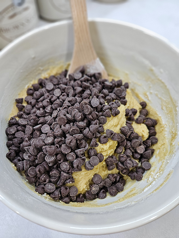 Adding Chips - easy cast iron skillet cookie