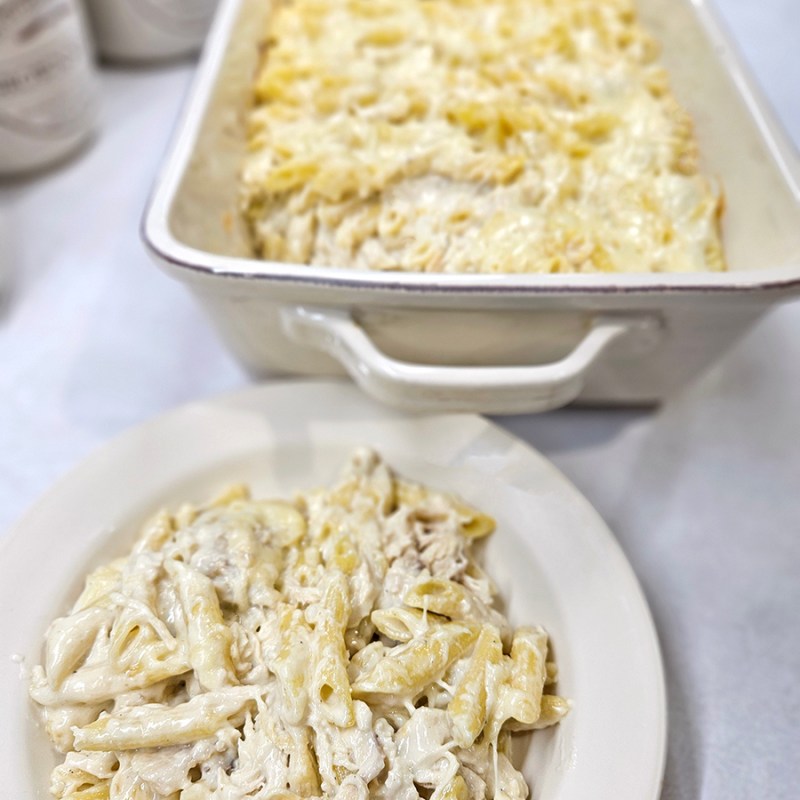 Dished chicken alfredo penne bake