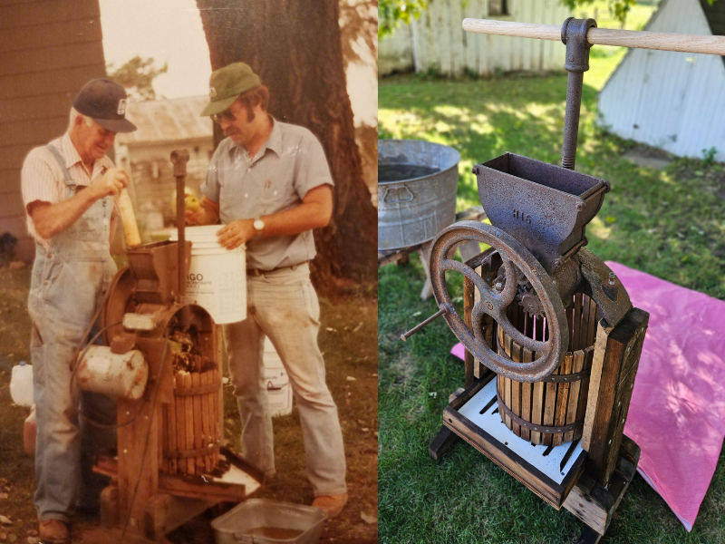 Two images. Left shows an old photo of my grandpa and dad using the apple cider press back in the 70s. Right shows the press all cleaned up.