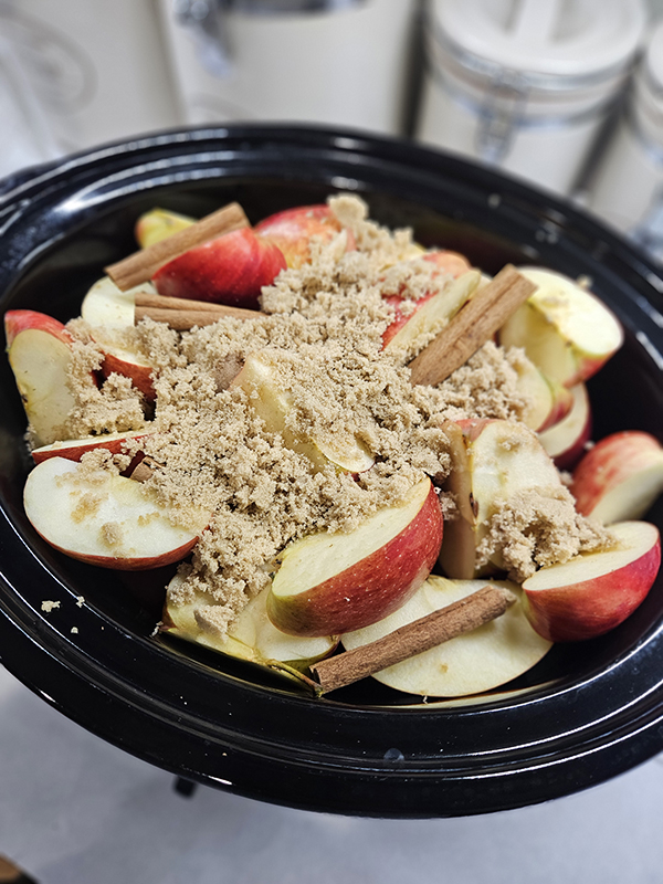 Brown sugar and cinnamon sticks on top of apple slices in a crockpot