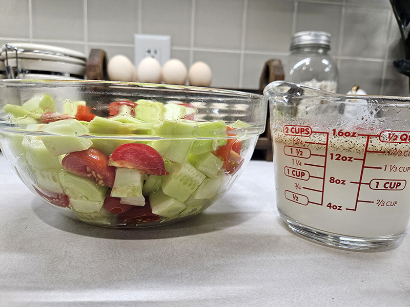 Cut up vegetables and the brine ready for mixing