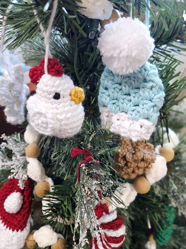chicken and a hat crochet ornaments - December 2025 Homesteading Update