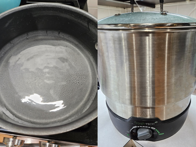 Two images: left is the pickle brine and right is the water bath canner
