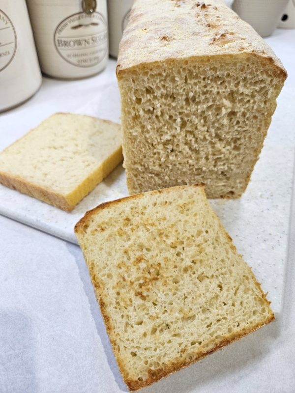 The first few slices of English Muffin Bread and one toasted