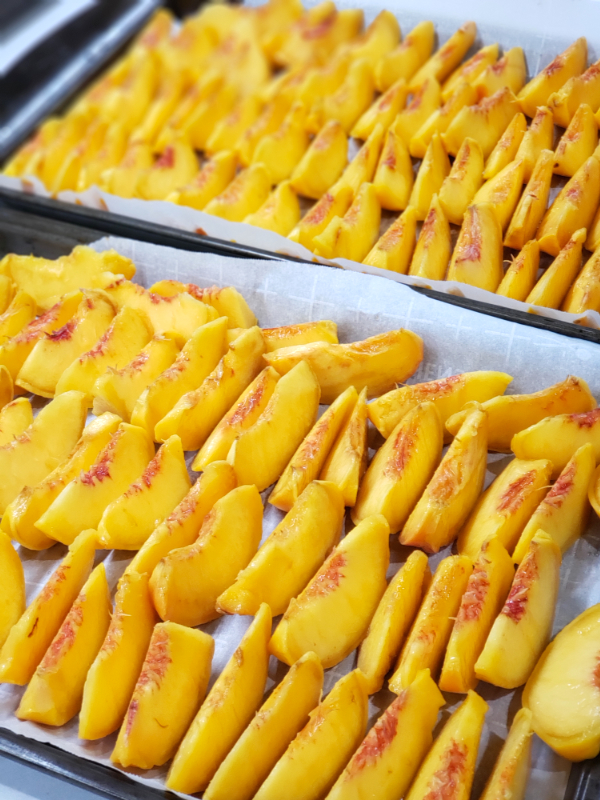 Two trays of frozen peaches