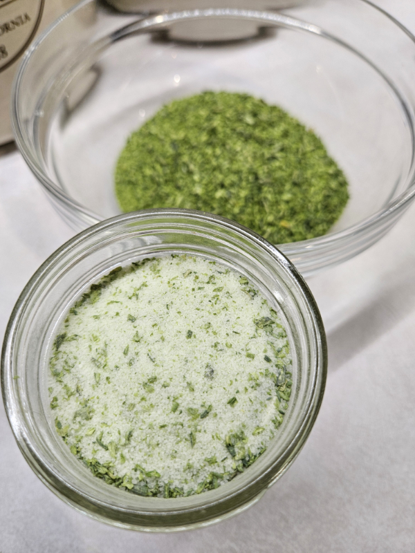 A jar of coarse garlic scape salt and just the scapes