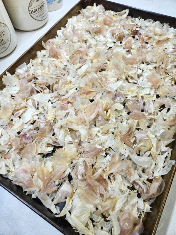 A pan loaded with garlic skins