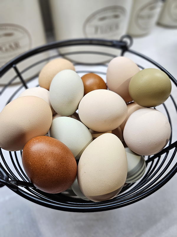 A basket full of colorful eggs