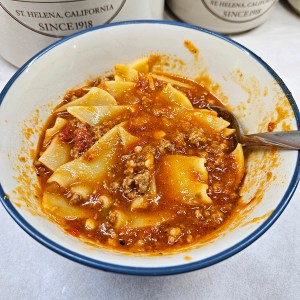 A bowl of Dutch oven lasagna soup.