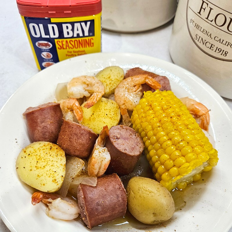 A plate of old bay shrimp boil