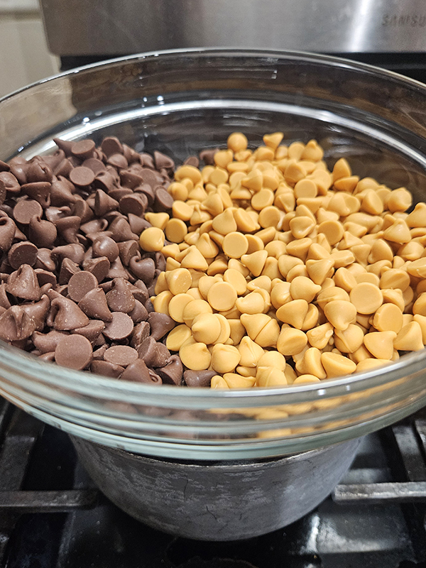 Chocolate and butterscotch chips on a double broiler