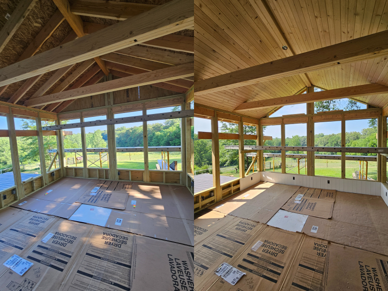 The new screened-in porch before the ceiling was in place and after. 