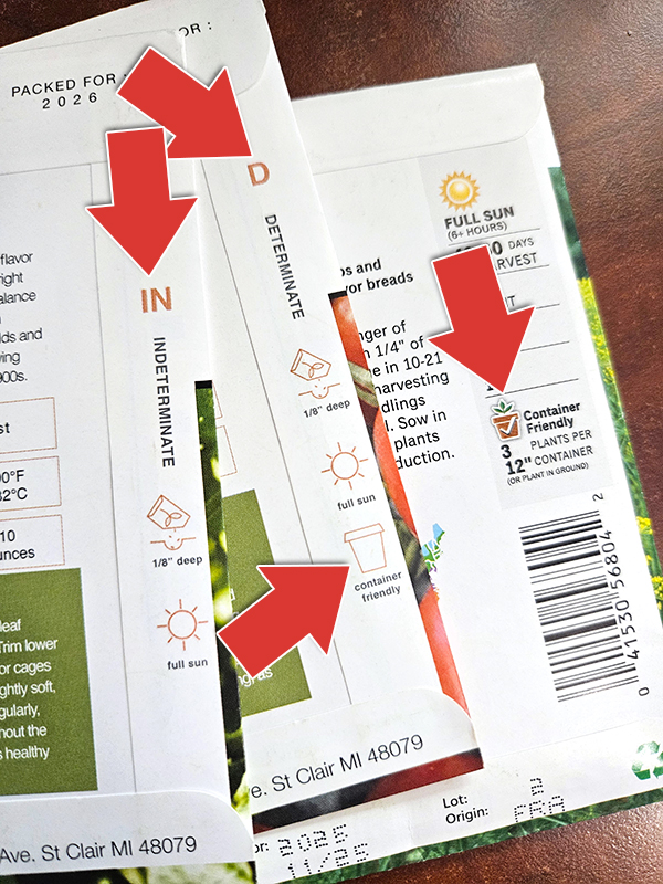 Arrows pointing to Indeterminate, determinate, and container information on seed packets