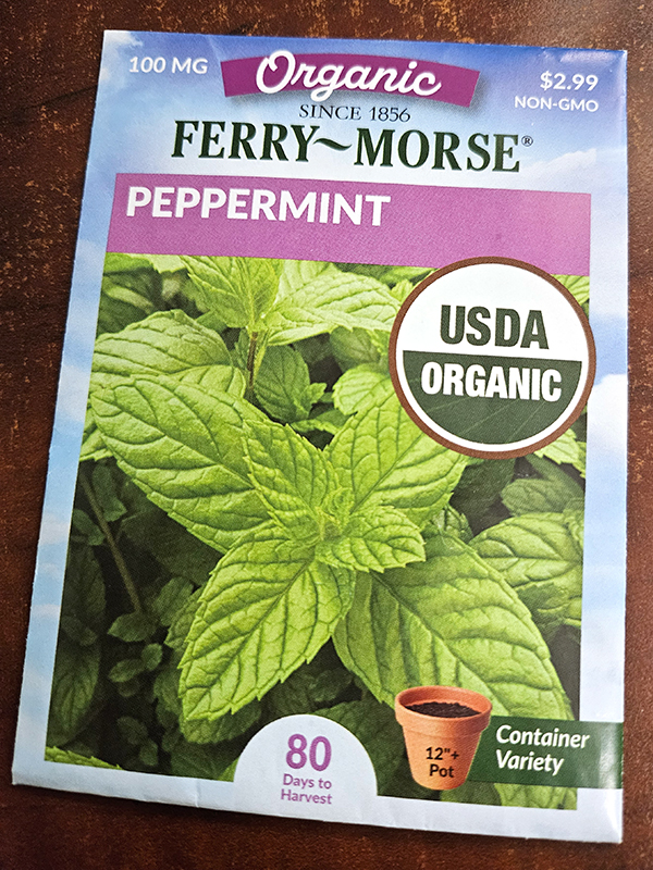 An organic and non-gmo seed packet of peppermint