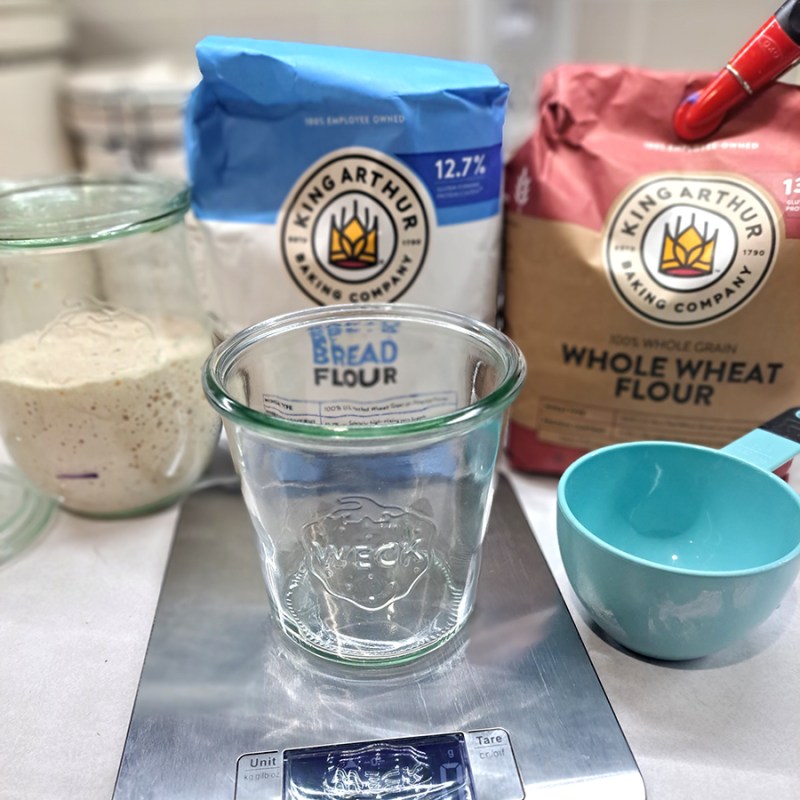 The ingredients needed to make a new sourdough starter from scratch.