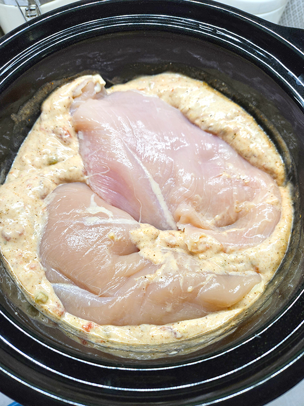 Chicken breasts in a slow cooker on top of sauce - shredded taco salsa chicken