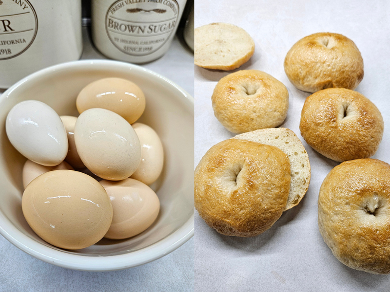 Eggs on the left and sourdough bagels on the right