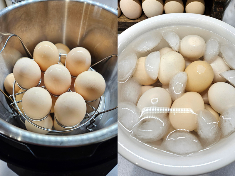 Two pictures, left is eggs in an instant pot. Right is eggs in an ice bath in a beige bowl. 